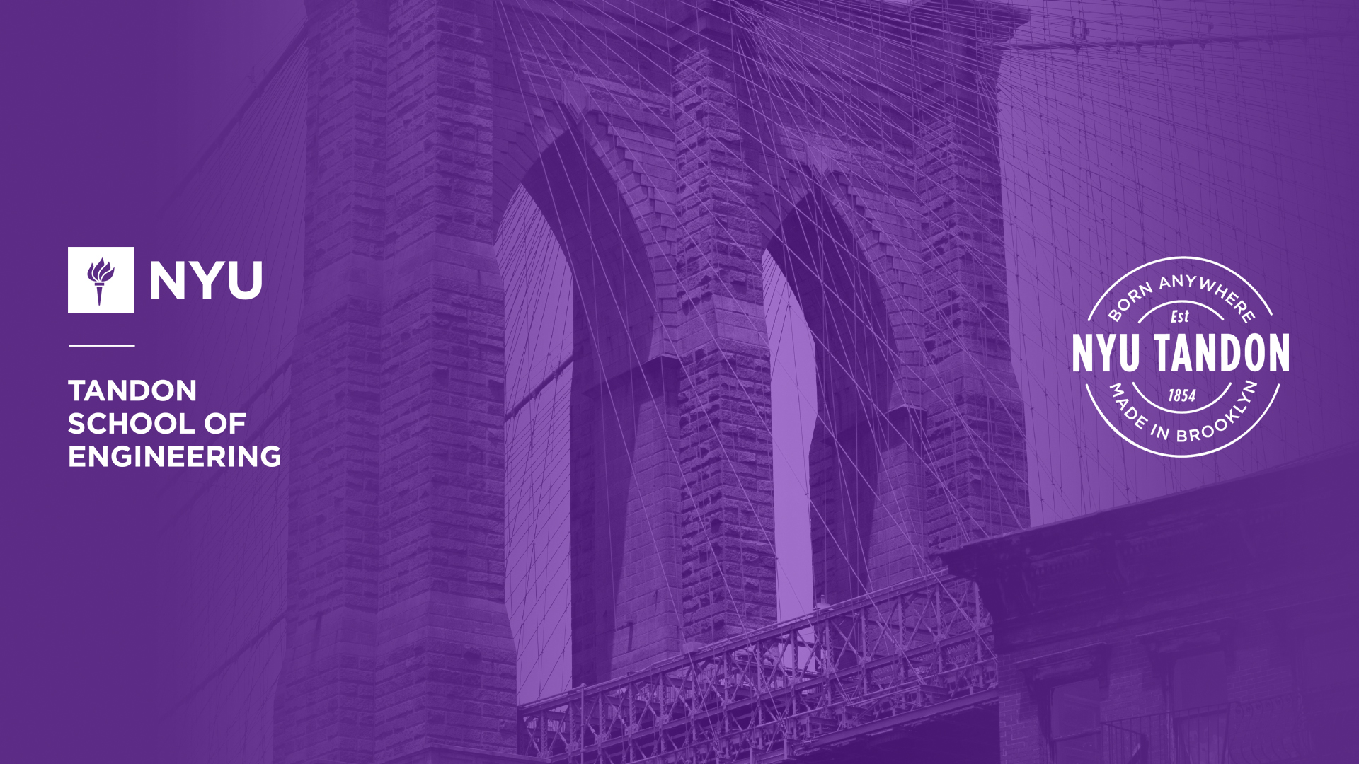 brooklyn bridge with purple overlay and NYU Tandon logos